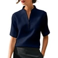 thumbnail image 2 of Delayuji Women's Blouse Stand Collar Contrasting Colors Short Sleeve Shirt Business Casual Outfits Laides Blouse Tshirt Shirt for Women Work Shirt A L, 2 of 5