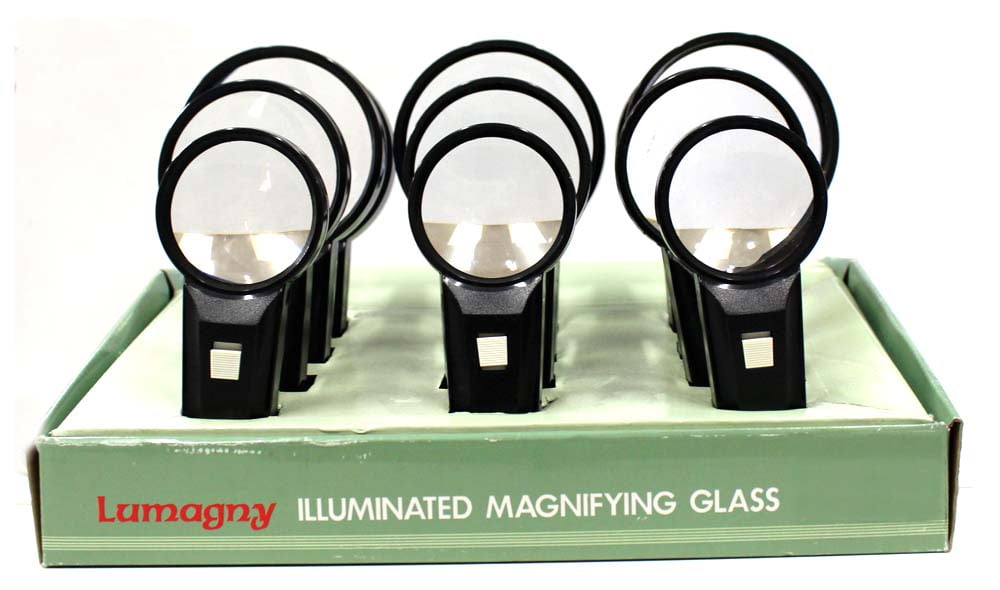 LUMAGNY 12 Pc Illuminated Magnifier Set | Black Frame | Variety Lens Sizes Set | LED Light | Elegant Counter-top Display Box