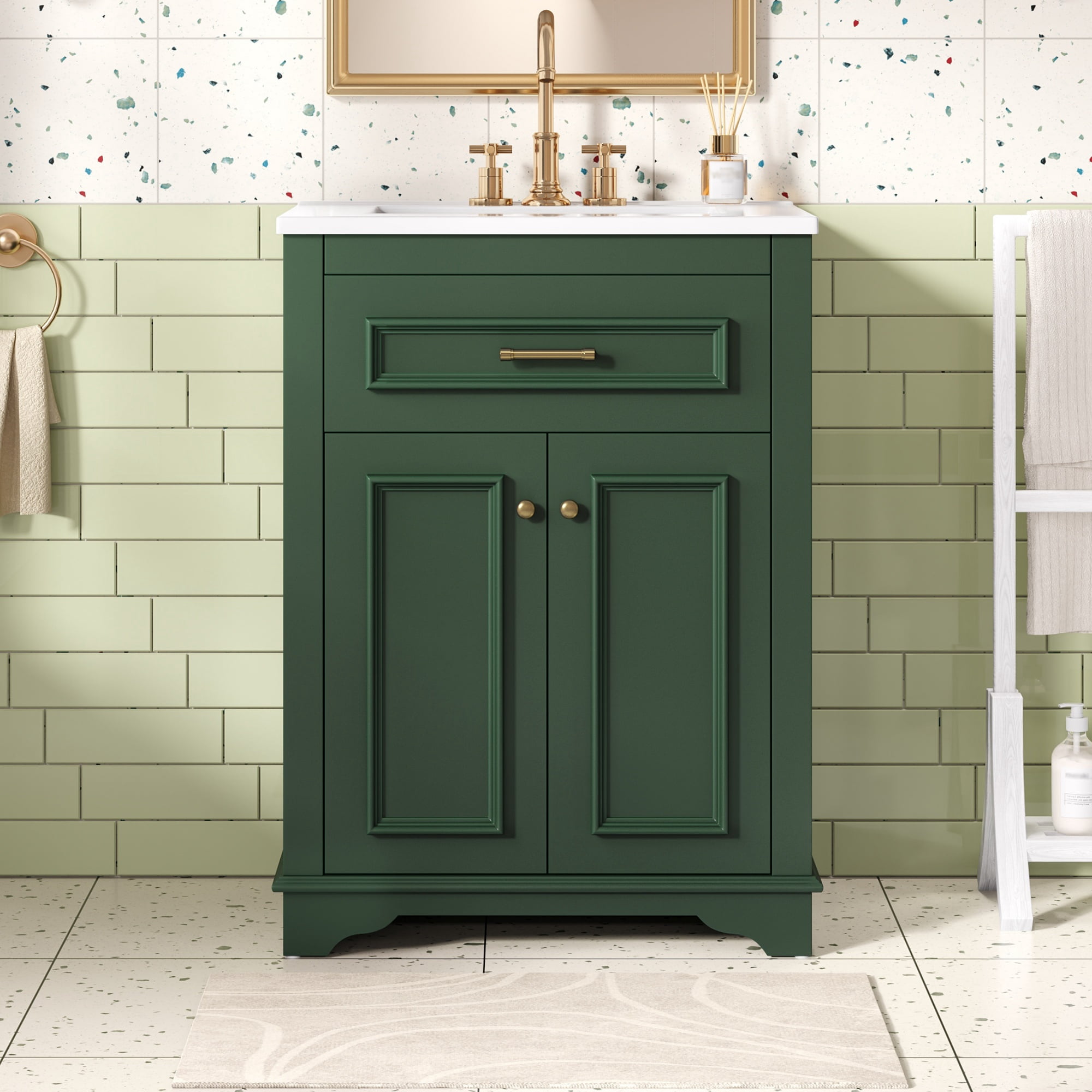 Euroco 24" Bathroom Vanity with Integrated Ceramic Sink, Bathroom Cabinet with 2 Doors, 1 Tip-Out Drawer, Single Sink Bathroom Vanity for Small and Medium Restroom, Green