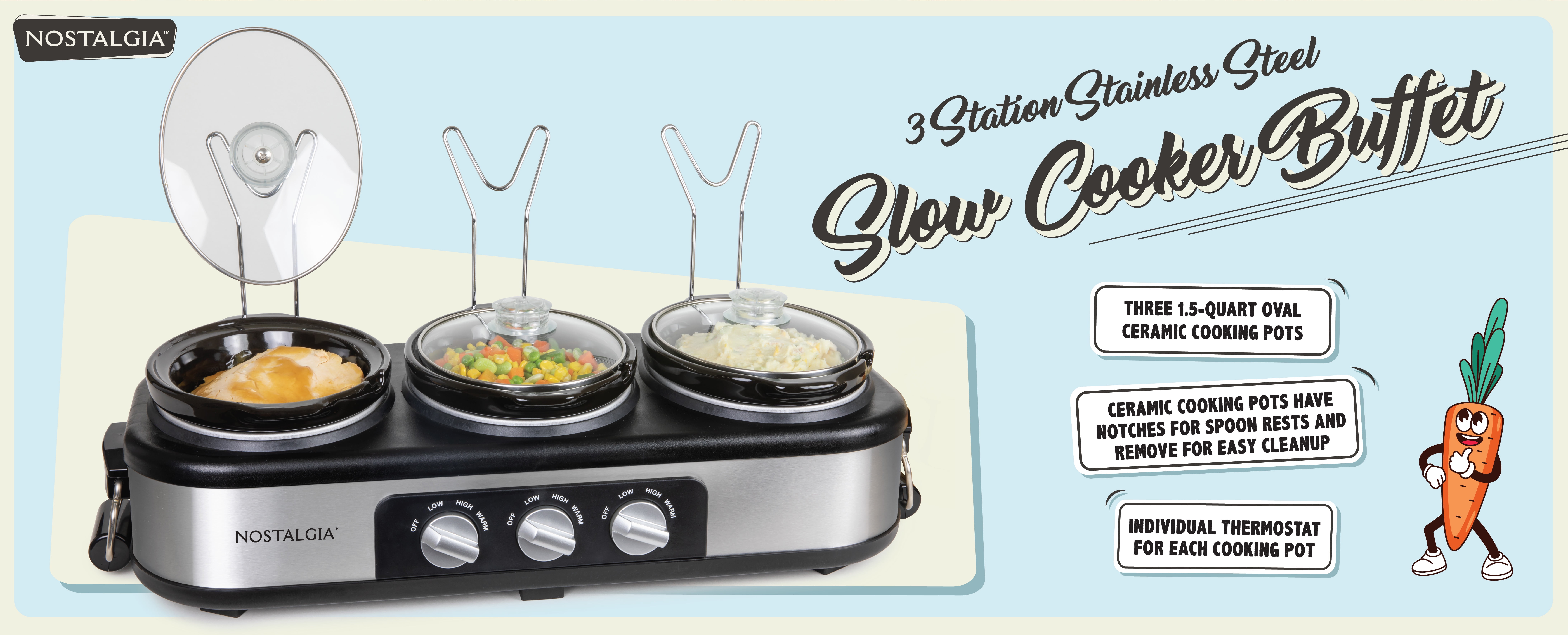 Nostalgia 1.5 qt Triple Slow Cooker, 3 Crock Pot Buffet Server with Removable Ceramic Pots, Stainless Steel