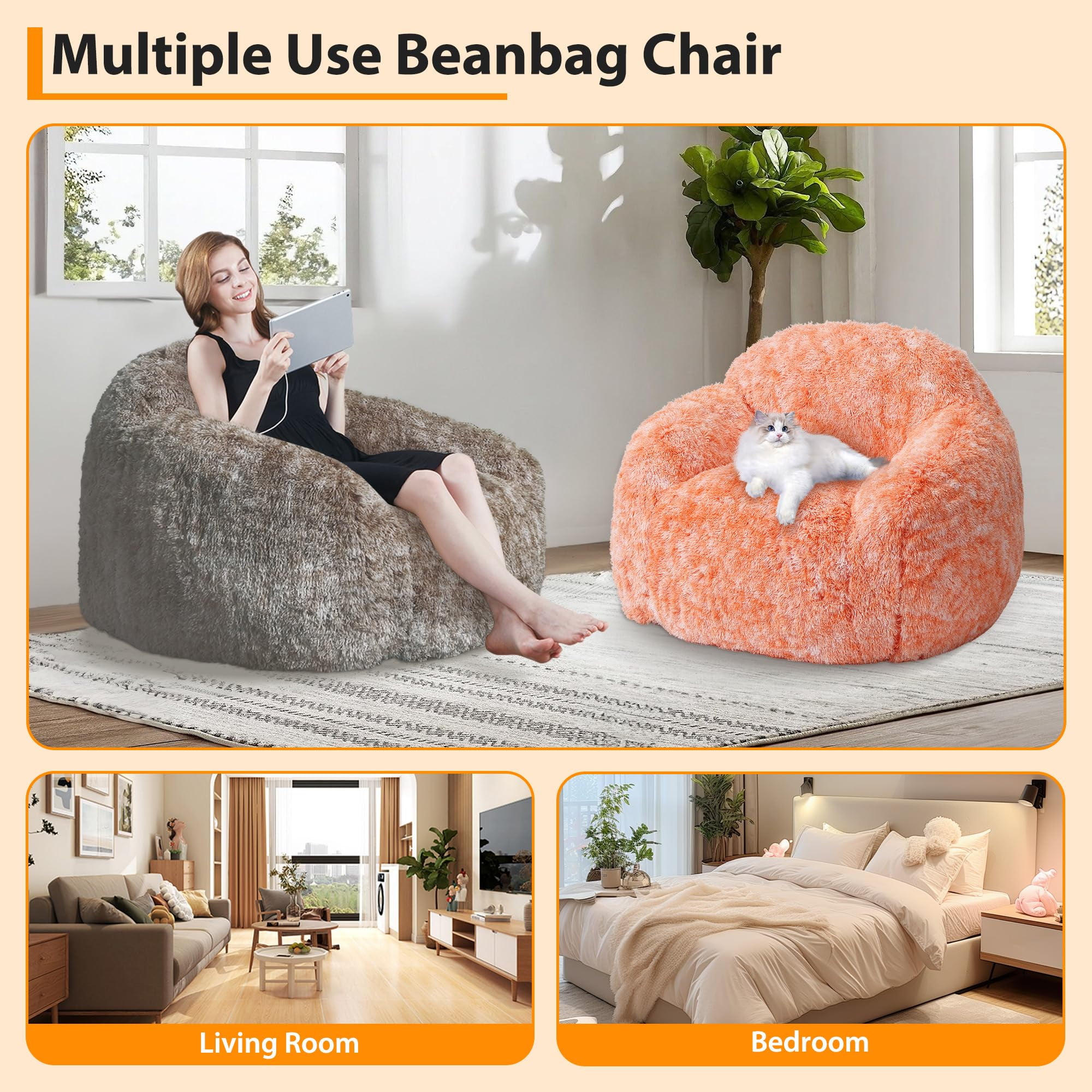 BouPower Bean Bag Chair for Adults, Plush Fluffy Faux Fur Sofa, Premium High-Density Sponge Filler Ergonomic Backrest & Armrests, Removable Washable Cover Comfy Lazy Chair for Bedroom Living Room