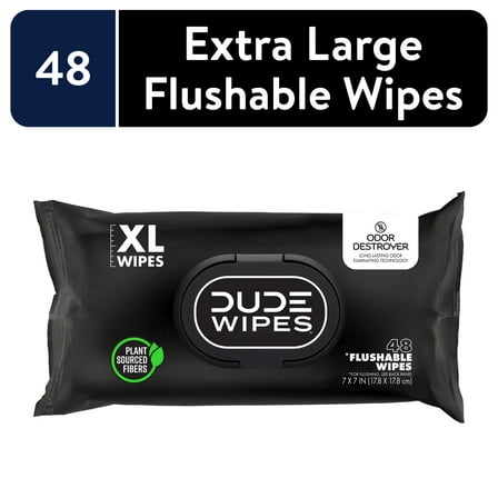 DUDE Wipes Odor Destroyer XL Flushable Wet Wipes, Deodorizing with Clean Scent, 48 CT, 1 PK