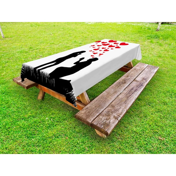 Engagement Party Outdoor Tablecloth, Wedding Proposal of Romantic Couple with Hearts Image Happiness, Decorative Washable Fabric Picnic Tablecloth, 58 X 104 Inches, Black White and Red, by Ambesonne