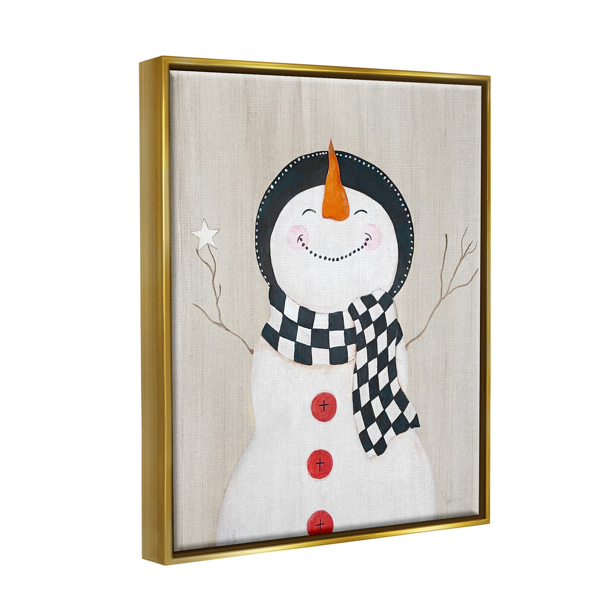 Stupell Industries Happy Smile Winter Snowman Holiday Painting Gold Floater Framed Art Print Wall Art