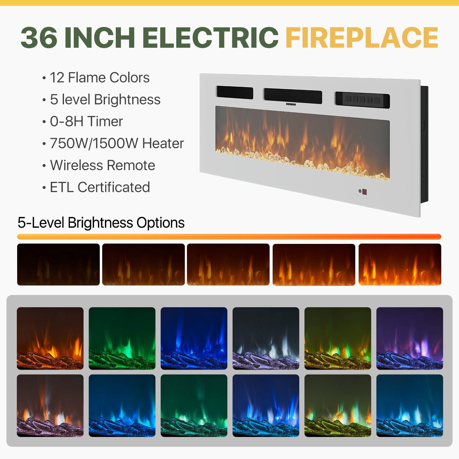 BaPiPro 80" Modern Electric Fireplace TV Stand for TVs up to 90", Entertainment Center with Music Sync LED Lights & Storage Cabinets, Media Console for Living Room, Black & White