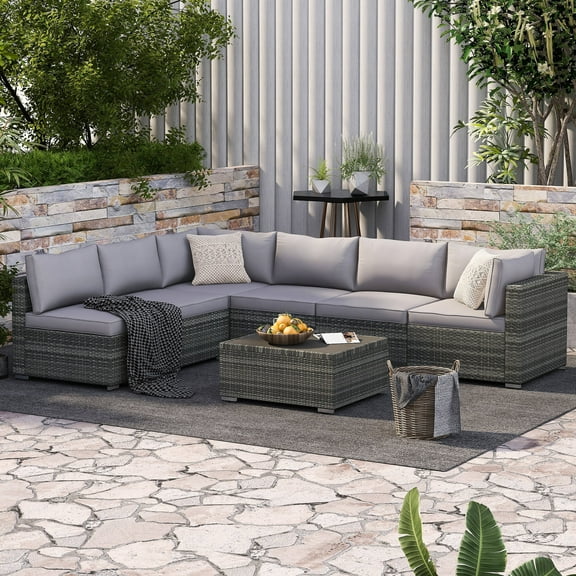 GYUTEI 7 Piece Patio Furniture Set with Adjustable Bracket All-Weather Wicker Conversation Set with Coffee Table for Porch Garden Backyard (Gray)