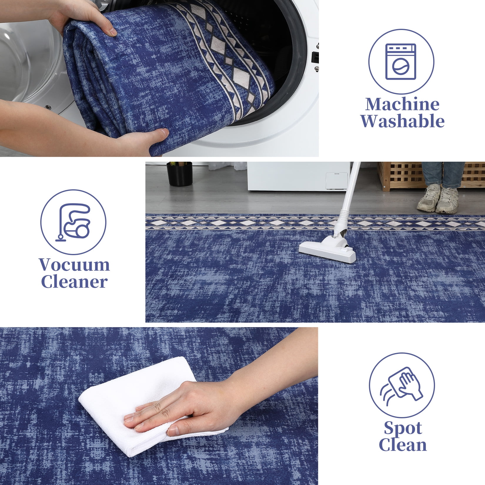 HOMERRY Runner 2' x 6' Rug Washable Modern Geometric Border Hallway Runner Indoor Carpet for Doorway, Navy
