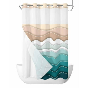 No Hook Shower Curtains, Turquoise Ombre Stripe Small Shower Curtains with Snap in Liner, Abstract Summer Beach Coastal Waterproof Washable Fabric Bathroom Shower Curtain Sets, 36" x 78"