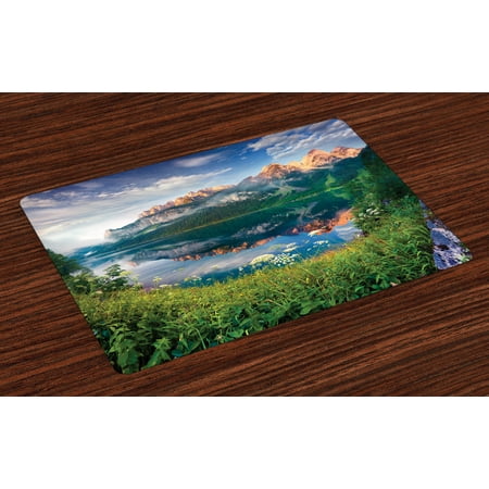 

Mountain Placemats Set of 4 Sunny Summer Morning on Lake Austrian Alps Crystal Mirroring Water Fairy Season Washable Fabric Place Mats for Dining Room Kitchen Table Decor Multicolor by Ambesonne