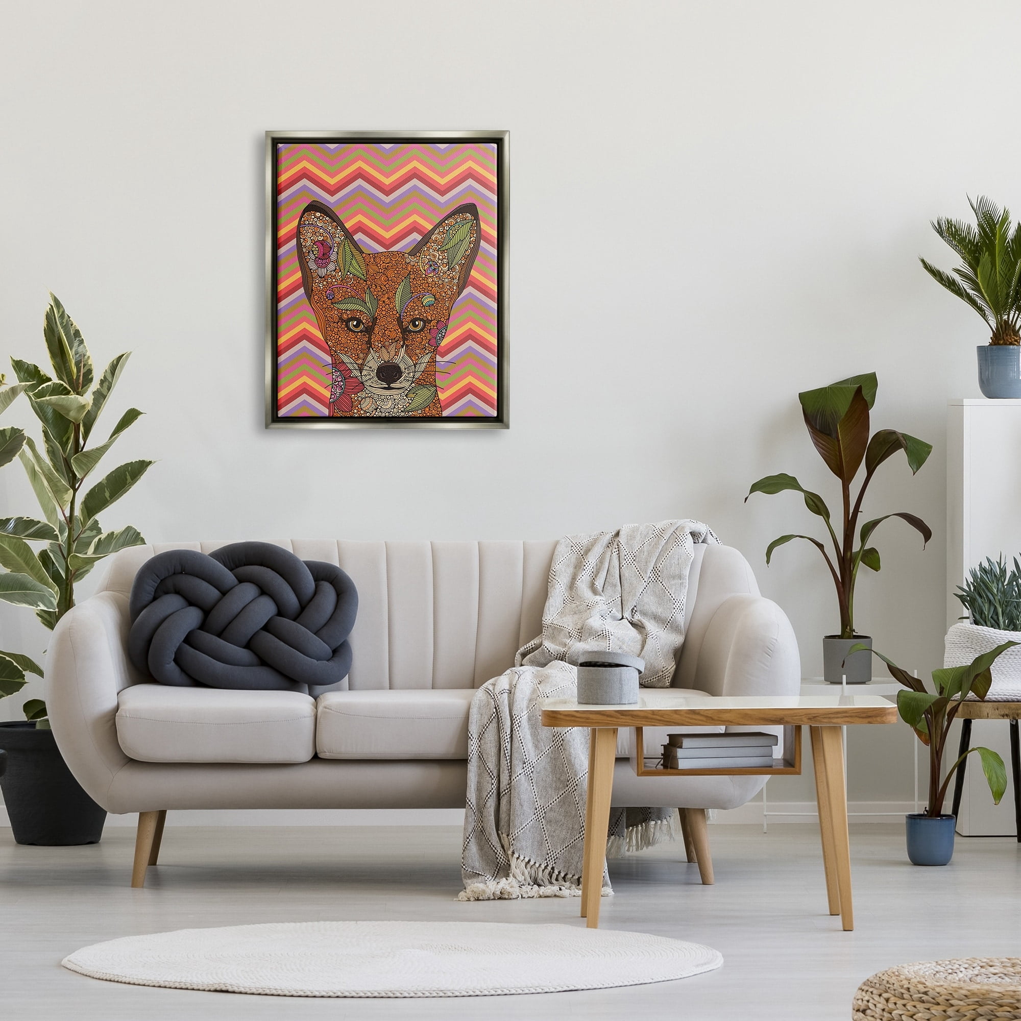 Stupell Industries Detailed Fox Retro Zig Zag Pattern Mandala Fractals Graphic Art Luster Gray Floating Framed Canvas Print Wall Art, Design by Valentina Harper