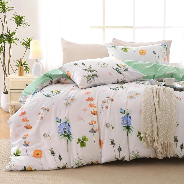Duvet Cover Queen Size Reversible Floral Duvet Cover Set with Zipper Closure Pieces Botanical Patterns Soft Microfiber Bedding Set (&#;x Pillow Cases &#;×&#