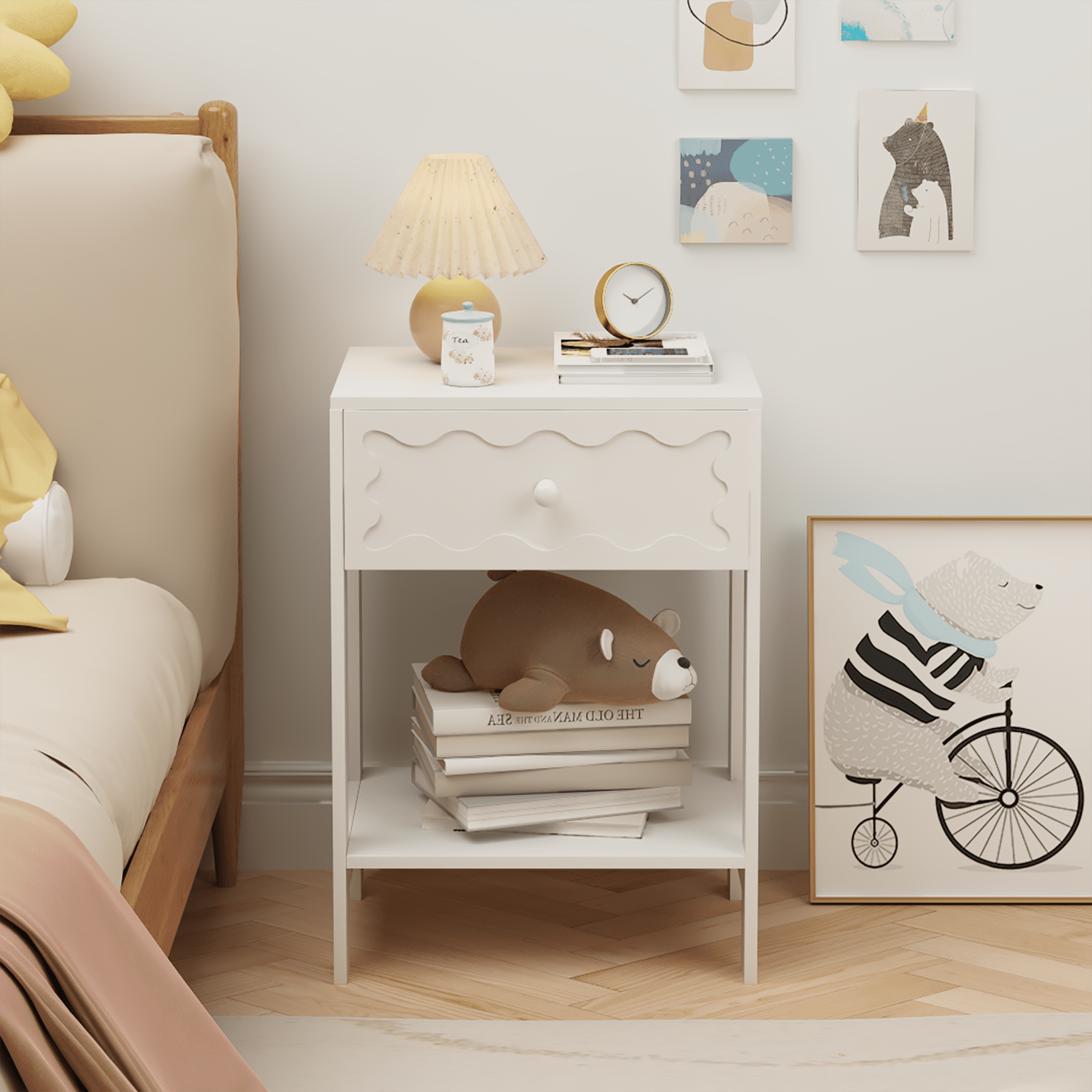White Nightstand with Drawer and Open Shelf, Modern Wave Pattern Bedside Table, Solid Wood Frame End Table for Bedroom, Living Room, Small Spaces