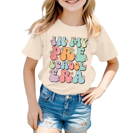 SonxaHe Little Girls Boys Tshirt Short Sleeve Letter Graphic Tee Children Sports Cozy Breathable Durable T Shirts Beige Size 6-7 Y