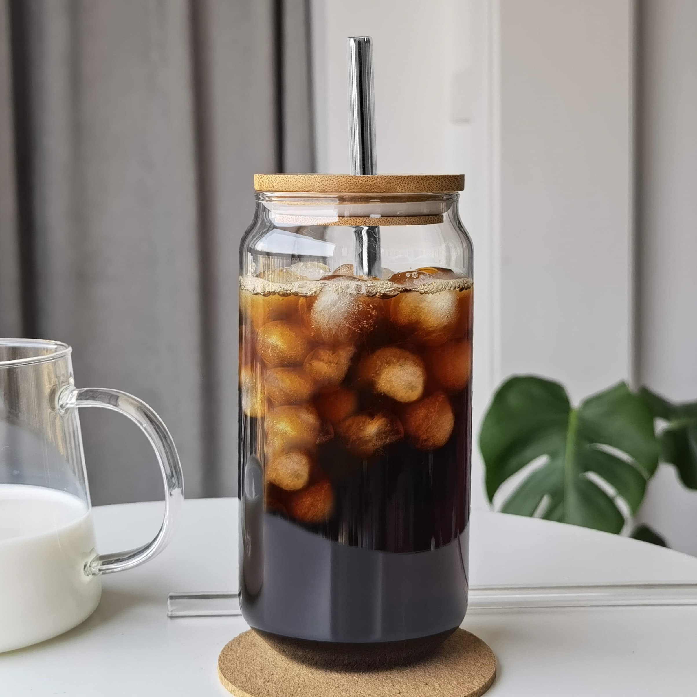Double Wall Glass, Tumbler Beer Can W/Bamboo Lids transparent/frosted，Bamboo  lids and straws