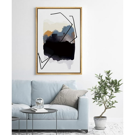 PixonSign Framed Canvas Print Wall Art Geometric Black and Blue Ink Spot Abstract Shapes Illustrations Modern Art Minimalist Multicolor Pastel for Living Room, Bedroom, Office - 24"x36" Natural