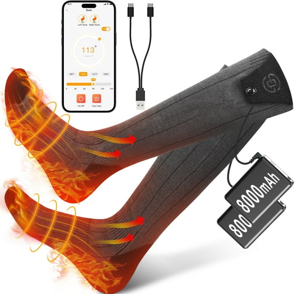 Netraty 8000mAh Heated Socks for Women Men, Rechargeable Socks Battery Foot Warmer Hiking Socks Up to 10 Hours, APP-ControlElectric Heated Socks with 4 Heating Levels for Outdoor Camping, Fishing