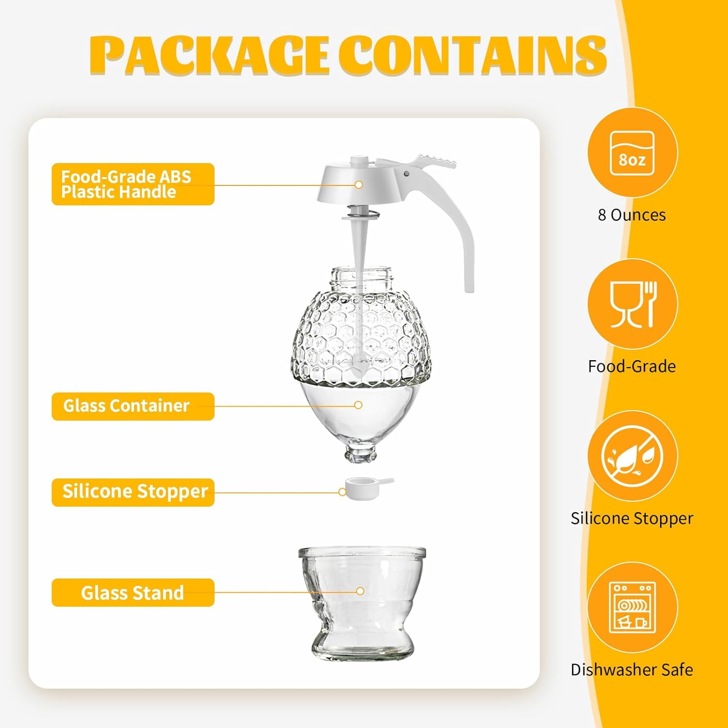 Honey Dispenser, 8oz Dispenser No Drip Glass with Stand, Container & Coffee Syrup for Tea Time Gifting, Elegant Honeycomb Jar - Pot Bottle Maple Bee