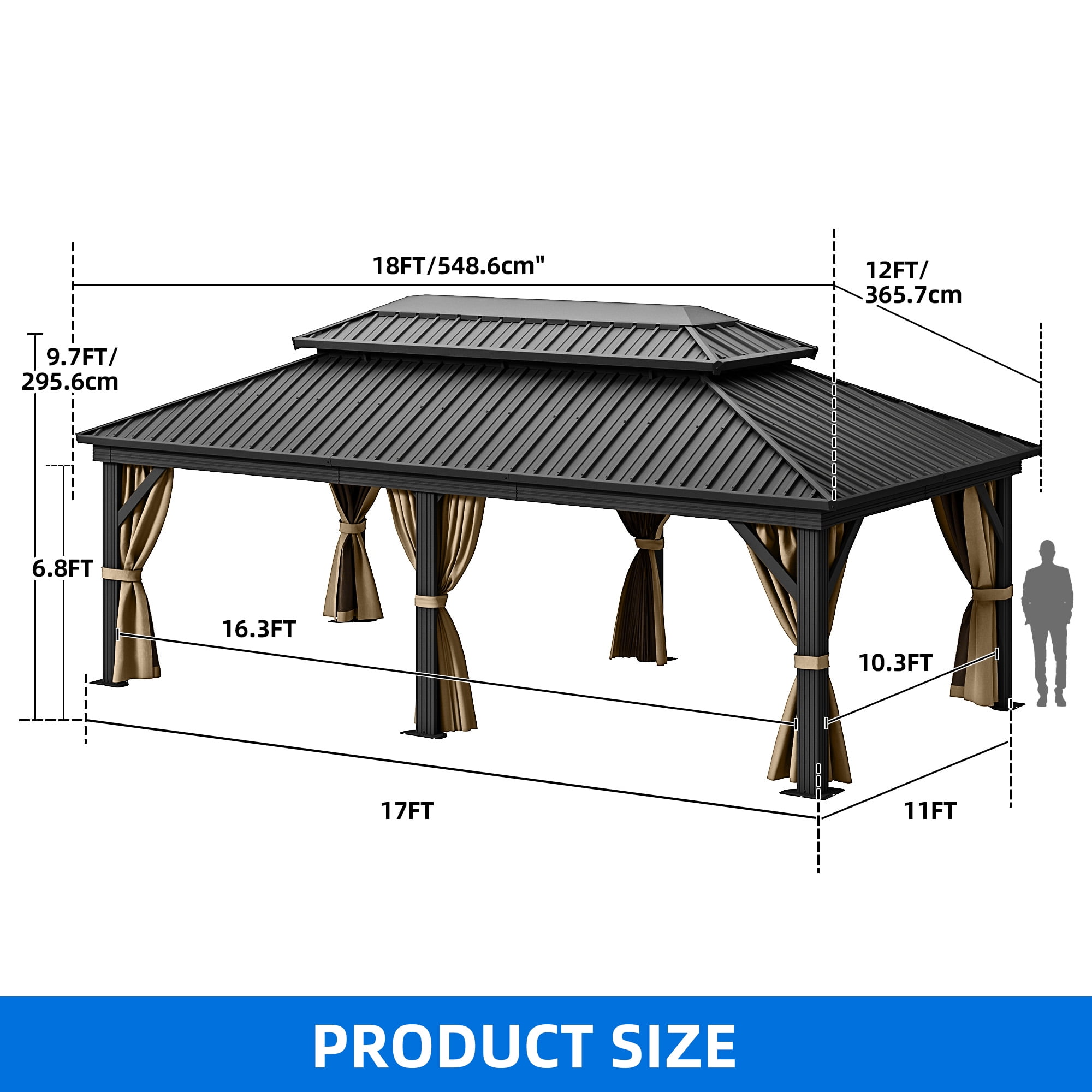 Dextrus 12x18ft Outdoor Hardtop Gazebo with Netting & Brown Curtains,Double Roof Outdoor Galvanized Iron Aluminum Frame Garden Tent for Patio, Backyard, Black&Brown