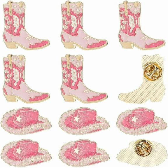 12Pcs 2 Styles Cowboy Hat Enamel Pin Western Lapel Pin Alloy Pink Cowgirl Boot Shoes Retro Rustic Farm Metal Small Craft Brooches for Backpacks Bags Clothes Hats Shirts Tie DIY Decoration