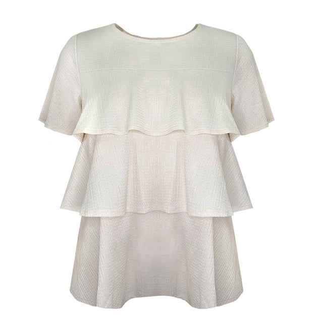 Blusa George para Mujer con Cuello Redondo, Manga Corta y Olanes Beige Talla EG