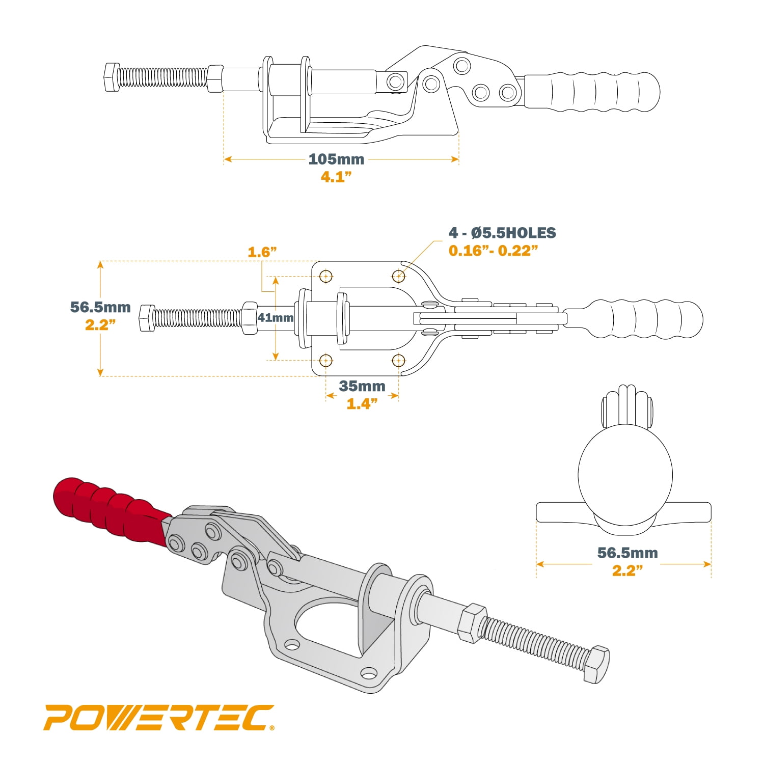 POWERTEC 4PK Toggle Clamp, 300lbs Holding Capacity, 302F Quick Release Push Pull Clamp for Woodworking Jigs and Fixtures, Pocket Hole Jigs, Welding, CNC, 20304-P4