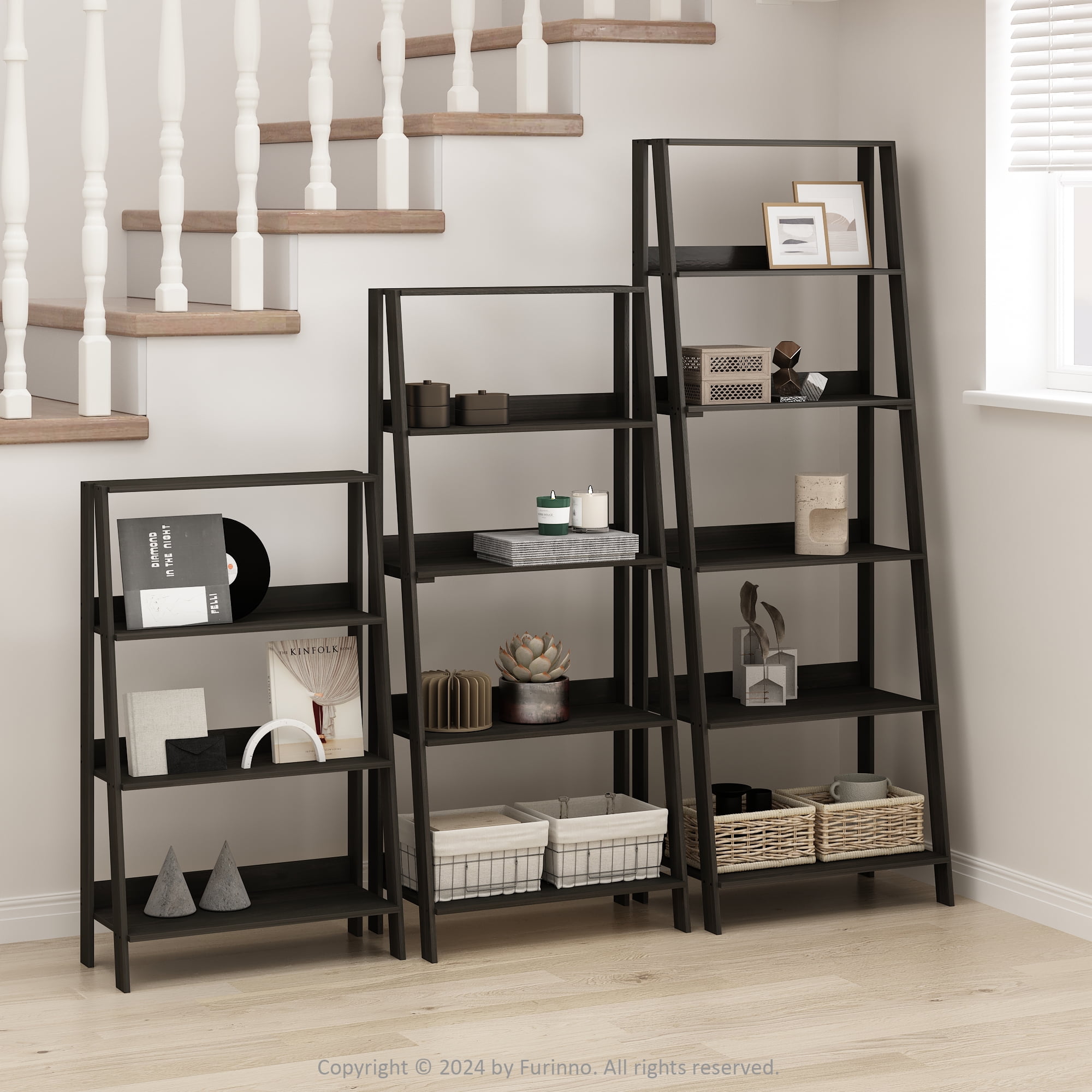 Furinno Ladder Bookcase, Bookshelf, Display Shelf, 5-Tier, Espresso, Adult