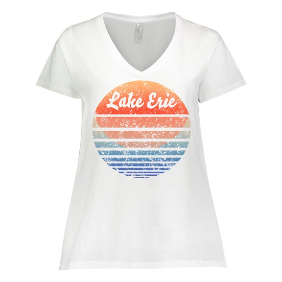 Inktastic Lake Erie Distressed Retro Sunset Women's Plus Size V-Neck T-Shirt