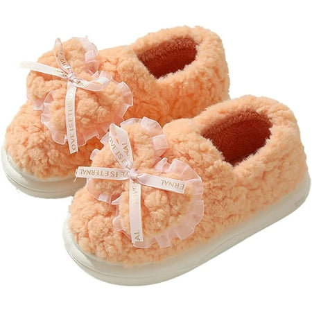 

PIKADINGNIS Women Cute Trendy Bow Lace Fluffy Slippers Warm Soft Furry Fur Indoor House Shoes Outdoor Heel Cover