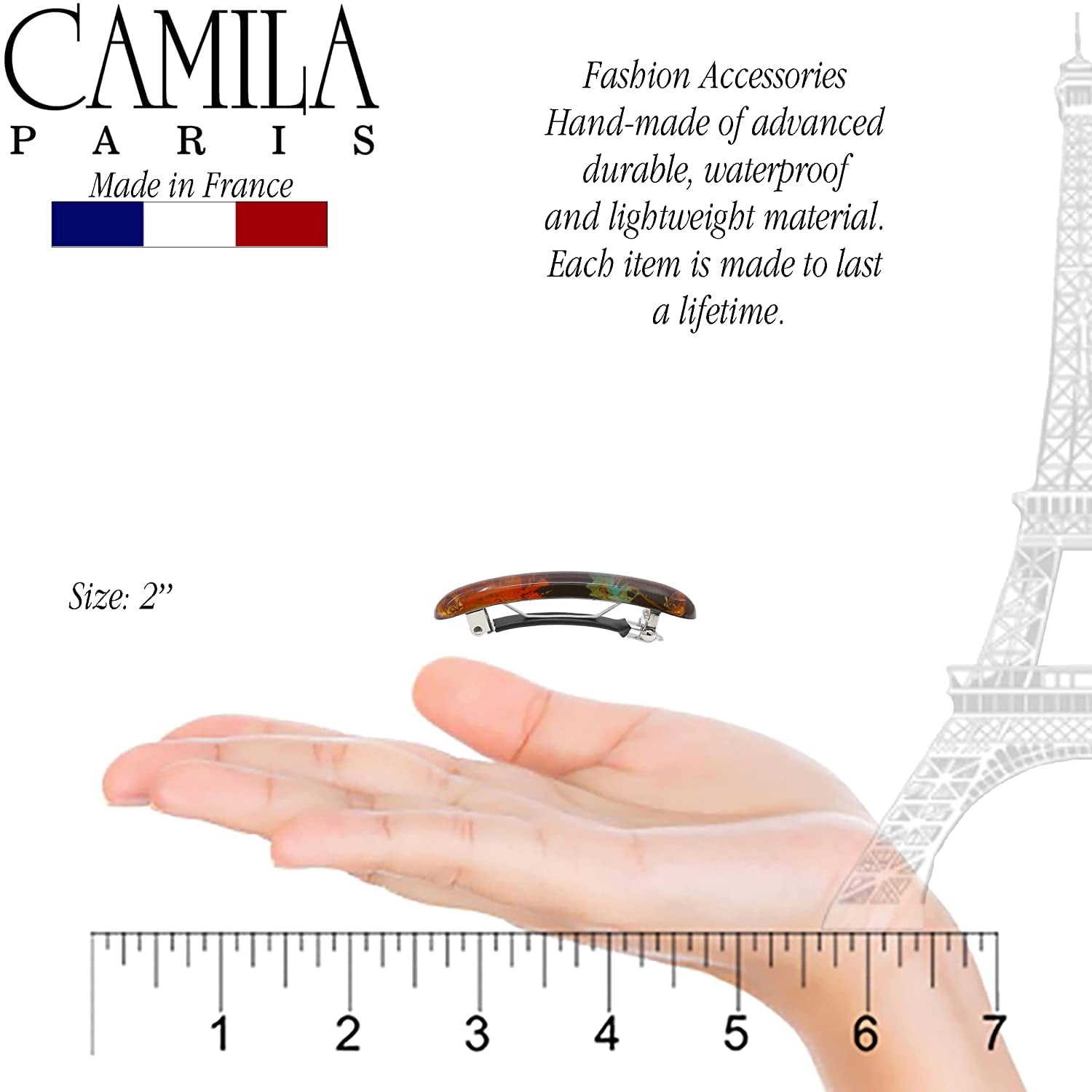 Camila Paris CP3328 French Hair Barrette Clip for Girls, Orange Small Set of 2 Strong Hold Grip Hair Clips for Women, No Slip Rubberized Automatic Clasp Styling Girls Hair Accessories, Made in France