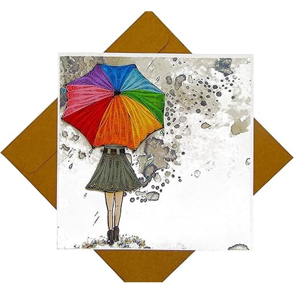 Girl with rainbow umbrella, quilling art greeting card for birthday, valentine's day, mother's day, anniversary, thank you, get well