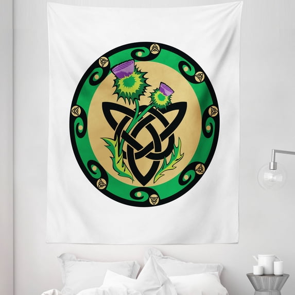Thistle Tapestry, Thistle Petal and Stems with Thorns in a Circular Border of Celtic Knot, Fabric Wall Hanging Decor for Bedroom Living Room Dorm, 5 Sizes, Multicolor, by Ambesonne