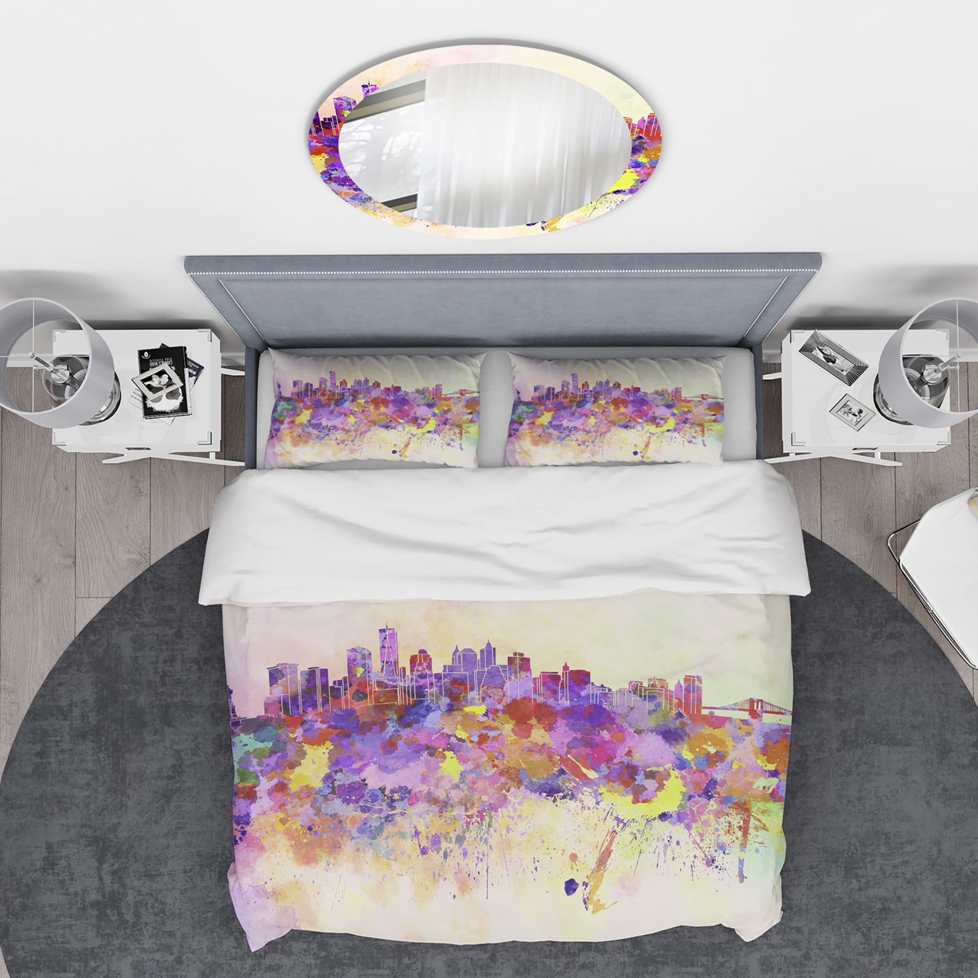 Designart 'Purple New York Skyline' Cityscape Duvet Cover Set