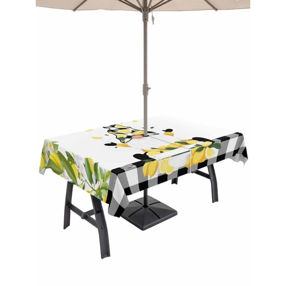 Outdoor Tablecloth with Umbrella Hole for Patio/Picnic/Party/Camping, Lemon Gnomes Waterproof Table Cloth Rectangle Table Cover Washable, Summer Botanical Yellow Fruit Black Lattice (60"x 120")