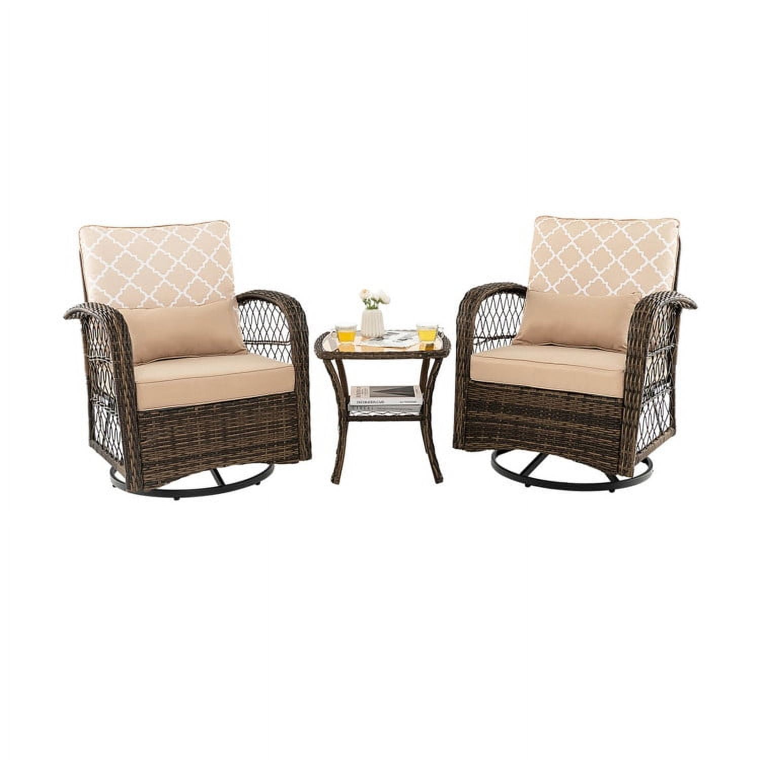 Aimee Lii 3 Pieces Outdoor Wicker Conversation Set with Tempered Glass Coffee Table, Patio Sectional Furniture Set, Beige