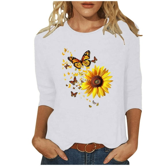 Hfiengba Women's Sunflower Graphic Tee Floral Printed Crew Neck 3/4 Sleeve Shirts Casual Loose Fit Tops (XL, White 1)