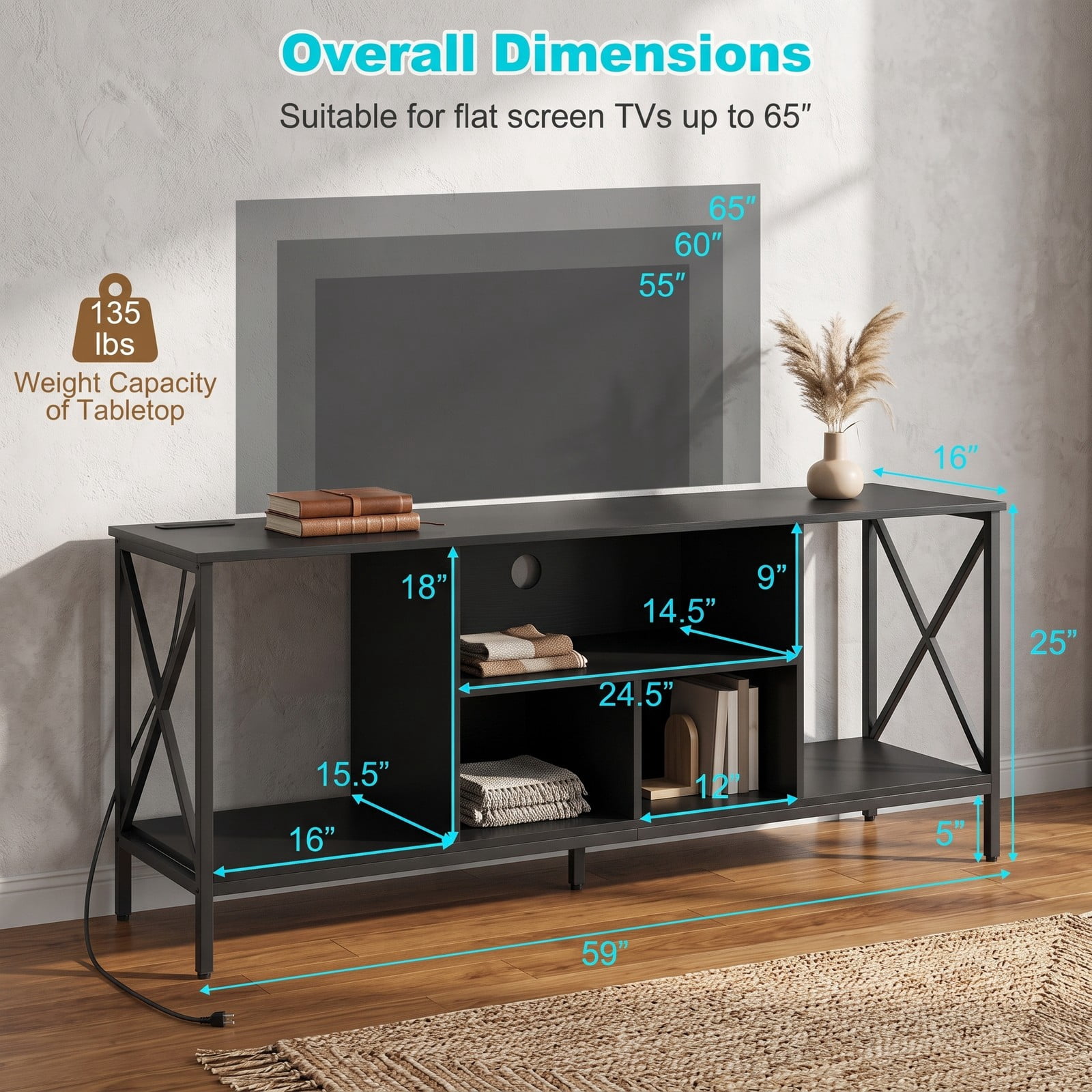 Furnibear LED TV Stand for 65 Inch TV, Entertainment Center with Power Outlets and USB Charging, Modern Media Console with 5 Open Shelves and X-Frame for Living, Black