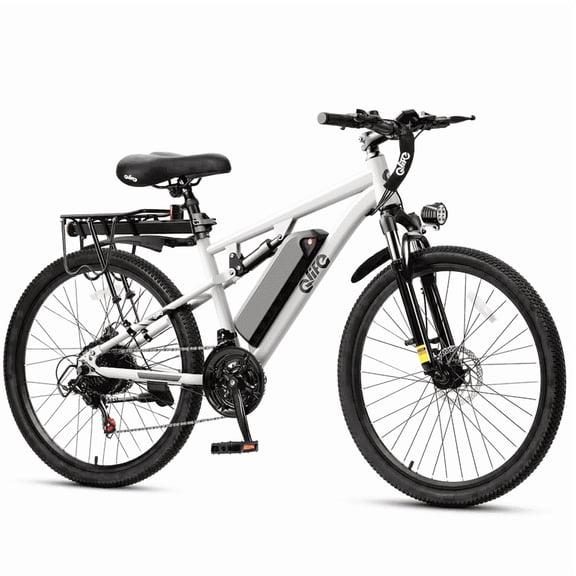 Qlife Racer 27.5" Electric Bicycle for Adults, Full Suspension 21-Speed Mountain Ebike with 500W Brushless Motor, 48V 10.4AH Removable Battery 55 Miles, (White) with Fender & Rear Rack