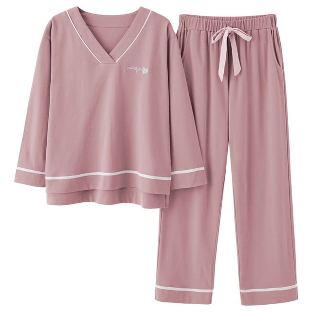 REDHOTYPE Nouveaux Pyjamas en Coton Doux pour Femmes 2 Pcs Grande Taille 3TG Simple Manches Longues Décontracté