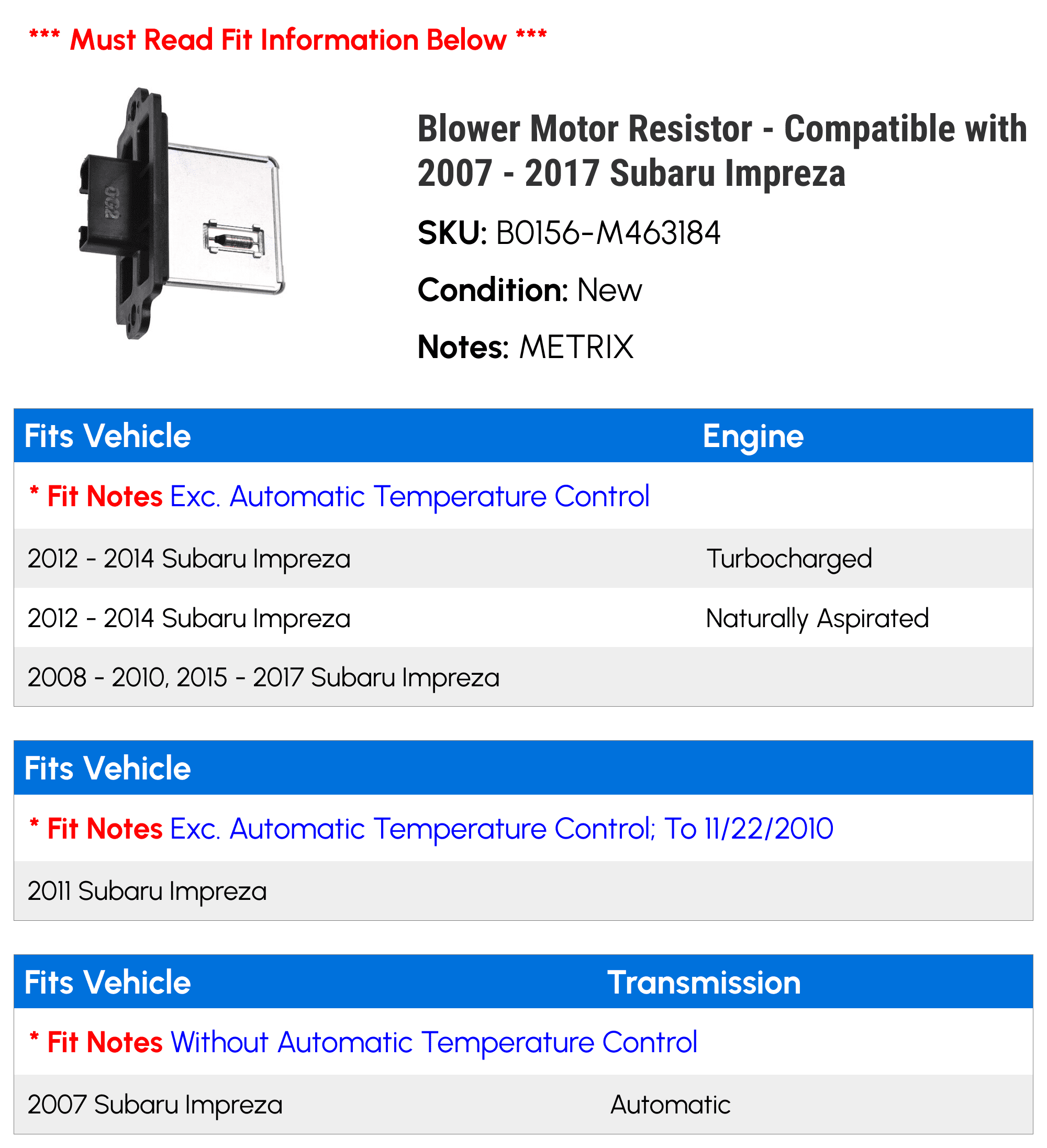 Blower Motor Resistor - Compatible with 2007 - 2017 Subaru Impreza 2008 2009 2010 2011 2012 2013 2014 2015 2016