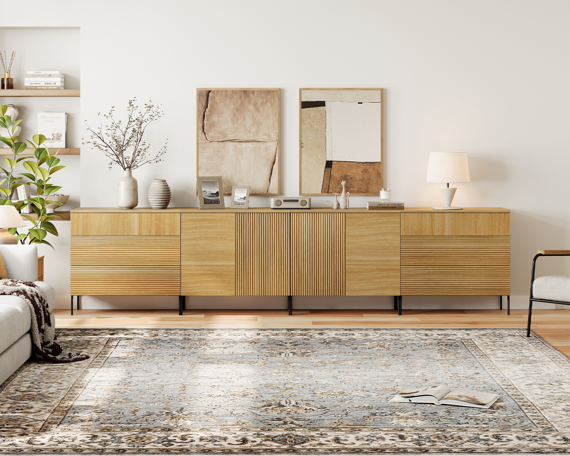 94.5" Reeded Accent Cabinet Set with Doors and Adjustable Shelves, Modern Credenza Storage Cabinet with Charging Station for Living Room, Kitchen, Dining Room, Hallway