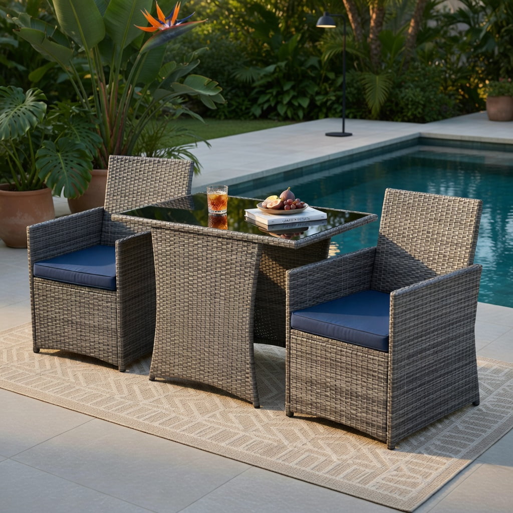 Hommoo 3-Piece Outdoor Rattan Patio Furniture Set, Steel Frame Sofa Chairs with Tempered Glass Table and Removable Cushions for Porch, Balcony, Garden, Navy