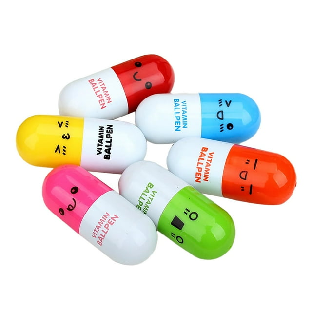 Pack Of 6 Retractable Ballpoint Pens With V^itamin And P^ill Design With Cute Cartoon Emotion Face 2.5ml Chinese Calligraphy Ink Holder Color Mechanical Pencils Business Pens Color Changing Pen