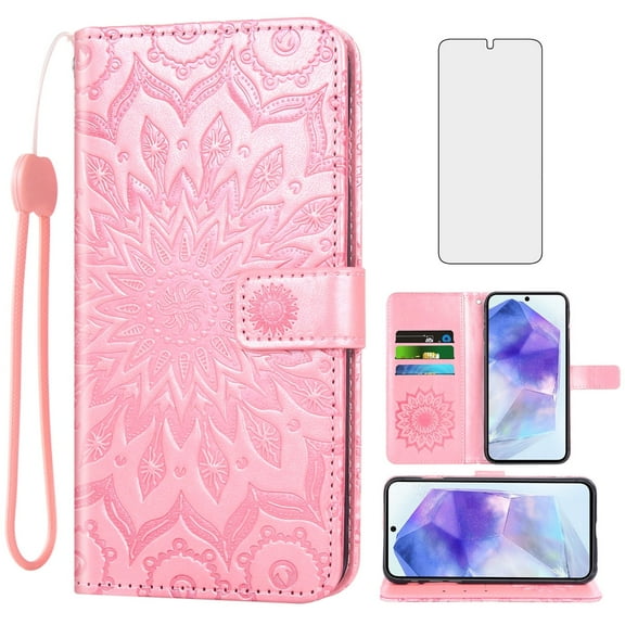 Asuwish Compatible with Samsung Galaxy A55 5G Wallet Phone Case and Tempered Glass Screen Protector Flip Credit Card Holder Stand Mandala Flower Cell Cover for A 55 55A A555G Women Men Pink