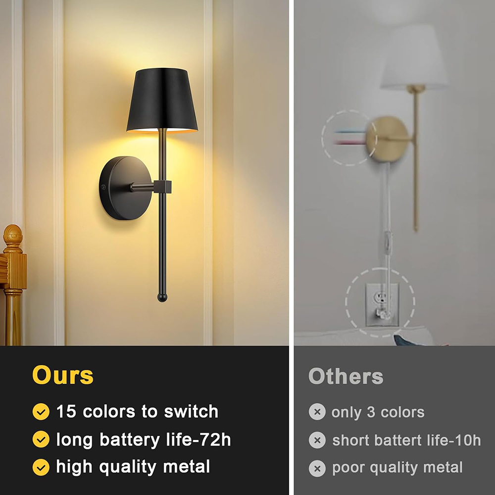 XMZHOU 2Pcs 3 Color Temperatures & 15 RGB Color Remote Control Rechargeable Wall Lamp Lighting Mural Living Room Bedroom Hallway Wireless Night Light Indoor Wall Sconces, Black