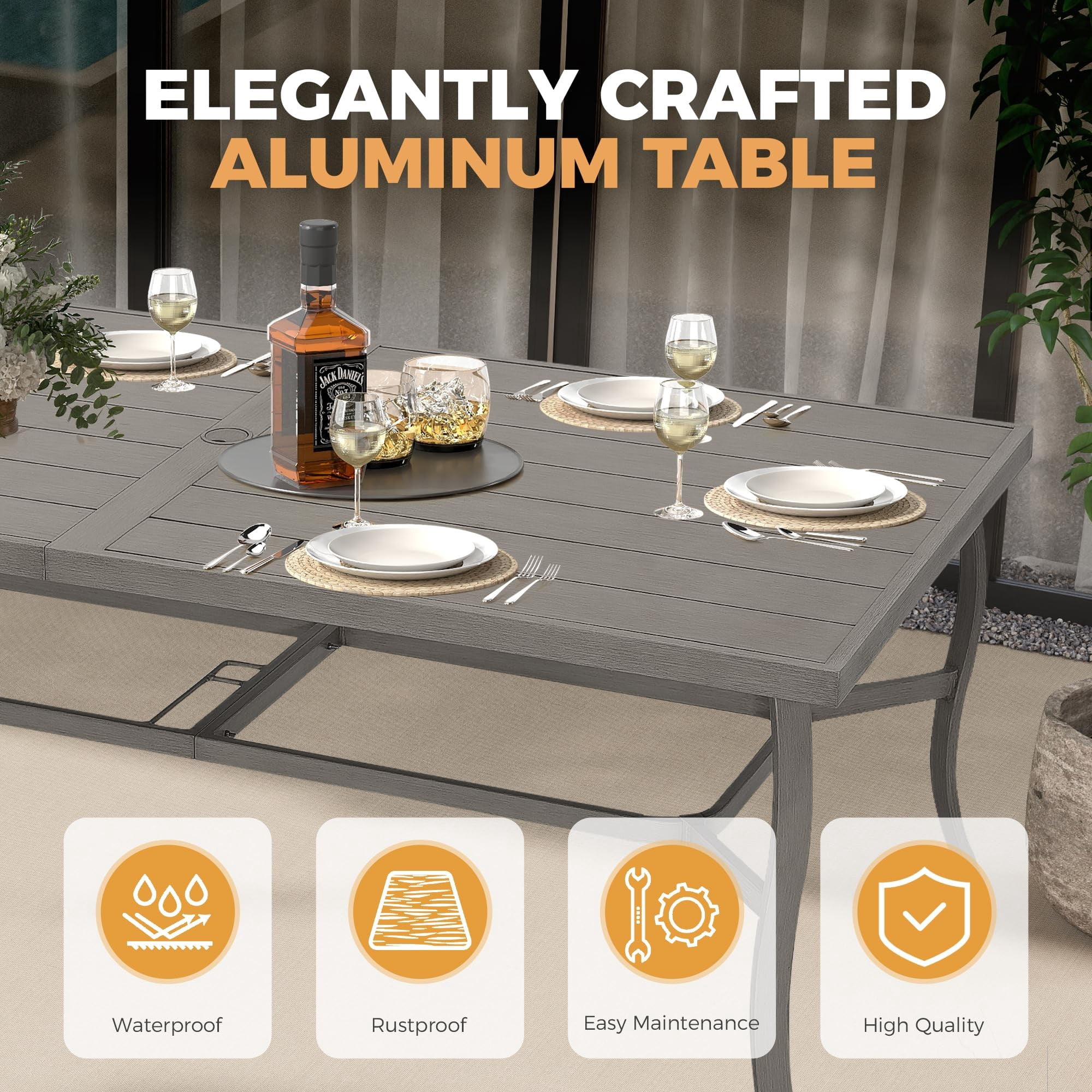 Outdoor Dining Table for 8, 84 Inch Aluminum Patio Table with Umbrella Hole, All Weather Rectangle Outdoor Table for Backyard Garden Poolside, Grey