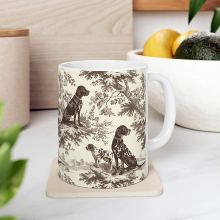German Shorthaired Pointer Brown Toile Mug- Elegant French Toile de Jouy Coffee Cup Gifts for GSP Mom, Dog Lover Chinoiserie Ceramic Tea Cup
