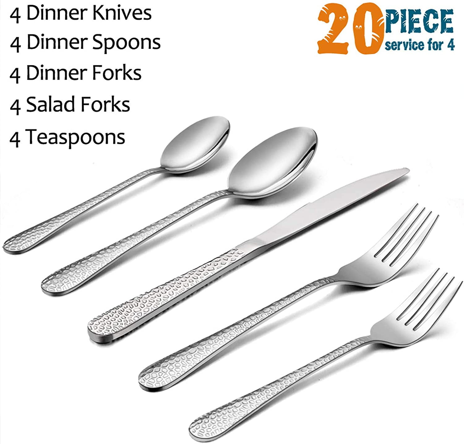 VeSteel Hammered Silverware Set, 20-Piece Stainless Steel Flatware Cutlery Set (Service for 4)