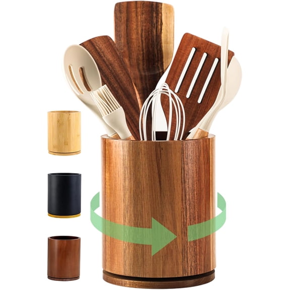 MY Wooden Utensil Holder, 360 ° Rotating 7.3'' Large Utensil Holder for Kitchen Counter, Kitchen Utensil Organizer, Utensil Crock, Farmhouse Kitchens Countertop Decor, Acacia Wood