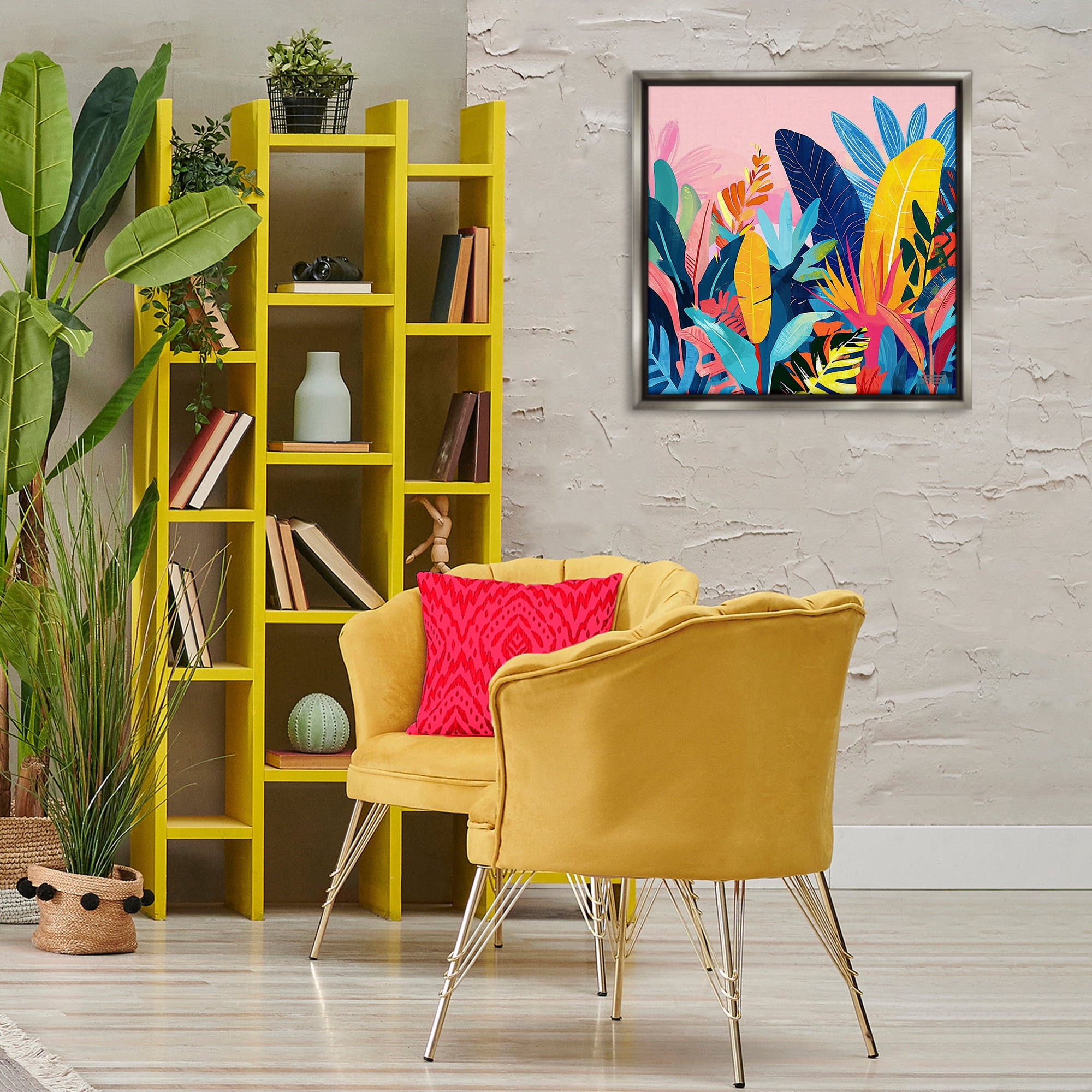 Stupell Industries Bold Tropical Jungle Leaves Botanical & Floral Painting Gray Floater Framed Canvas Art Print Wall Art, 25 x 25