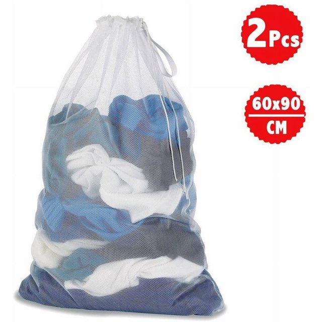 Laundry Bag with Drawstring, Durable Mesh Washing Bag for Washing Machine, suitable for travel, home, dorm, and laundry room storage. Displayed in a set of two, the white ultra-fine mesh bags feature a drawstring closure and are filled with assorted clothing. Red labels highlight '2 Pcs' and dimensions '60x90 CM'.